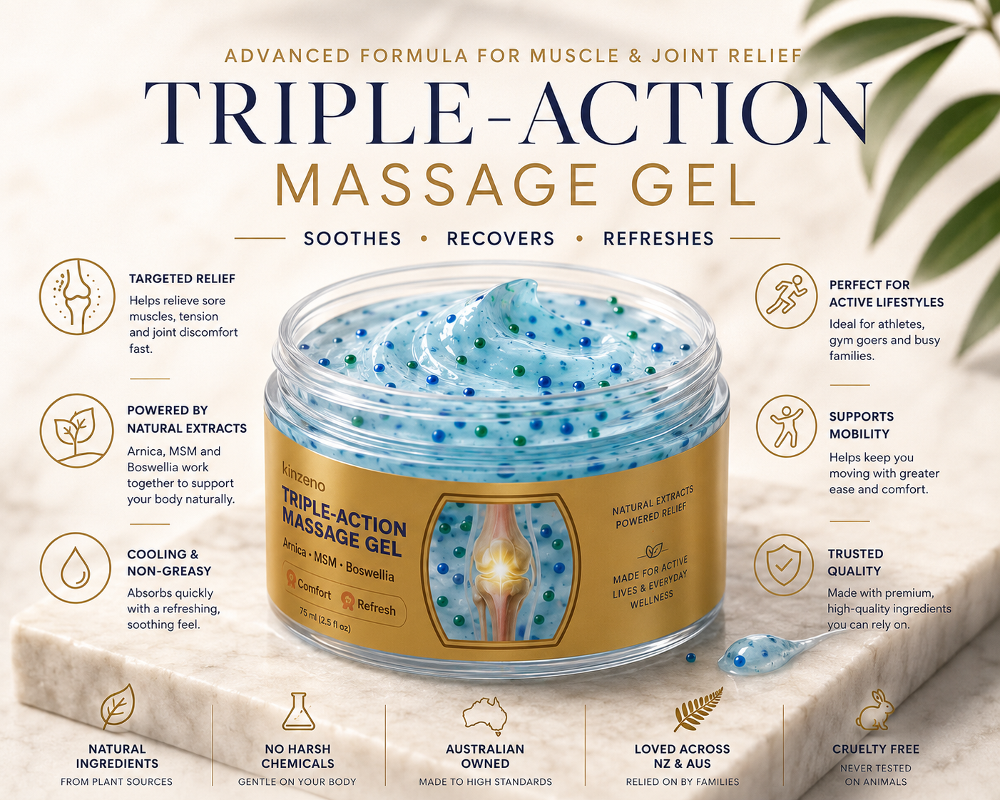 Kinzeno Massage Gel jar, botanical cooling massage gel